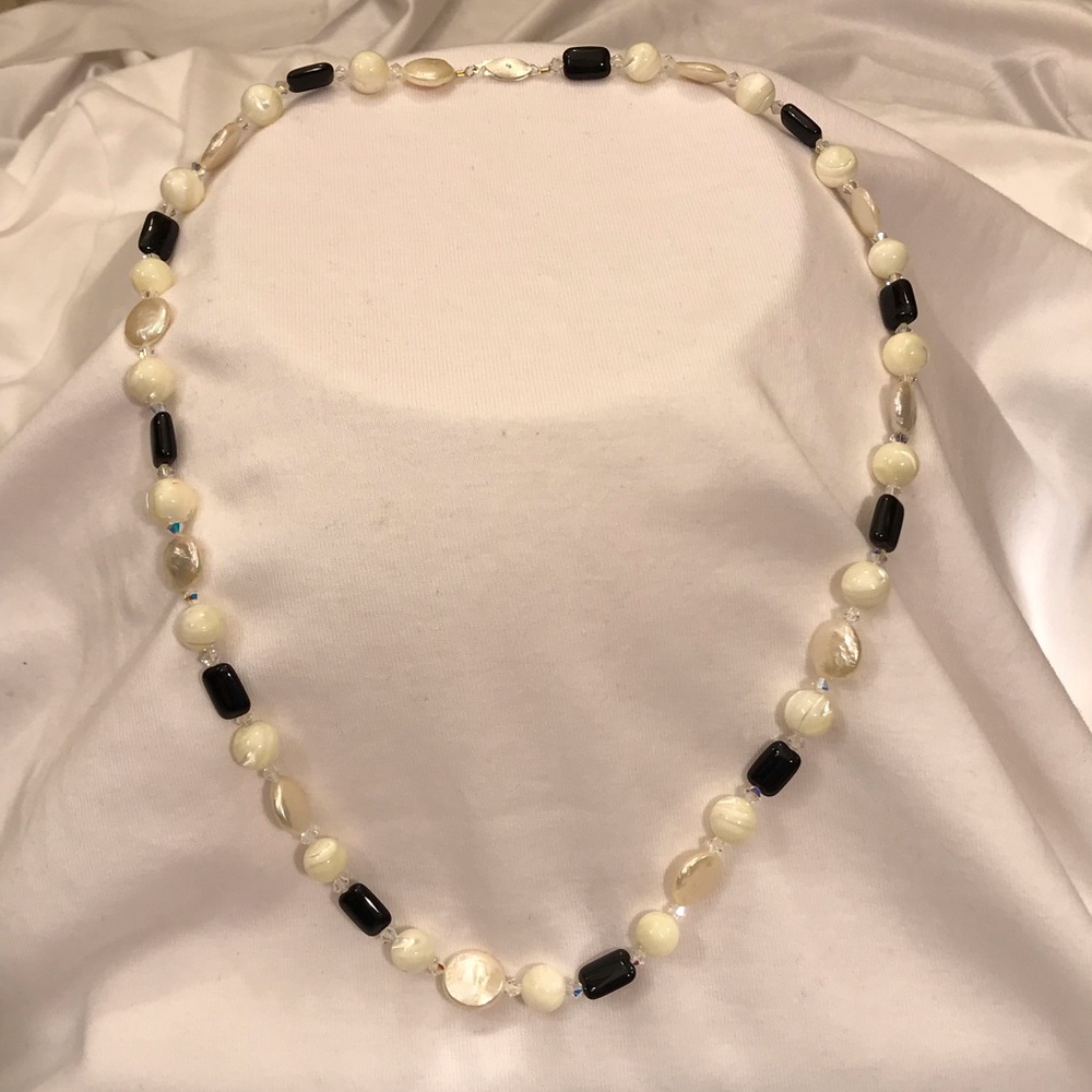 Genuine Pearl, Black Onyx, Swarovski Necklace